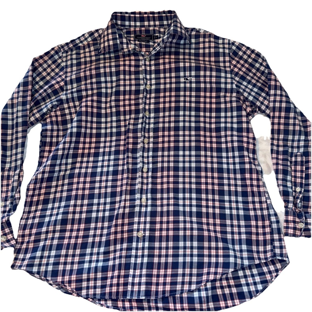 Vineyard Vines Slim Whale Shirt Men's L Blue Red White Button Down Preppy